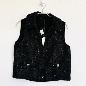 Maje Black Tweed Vest with Shimmering Sequins Accents